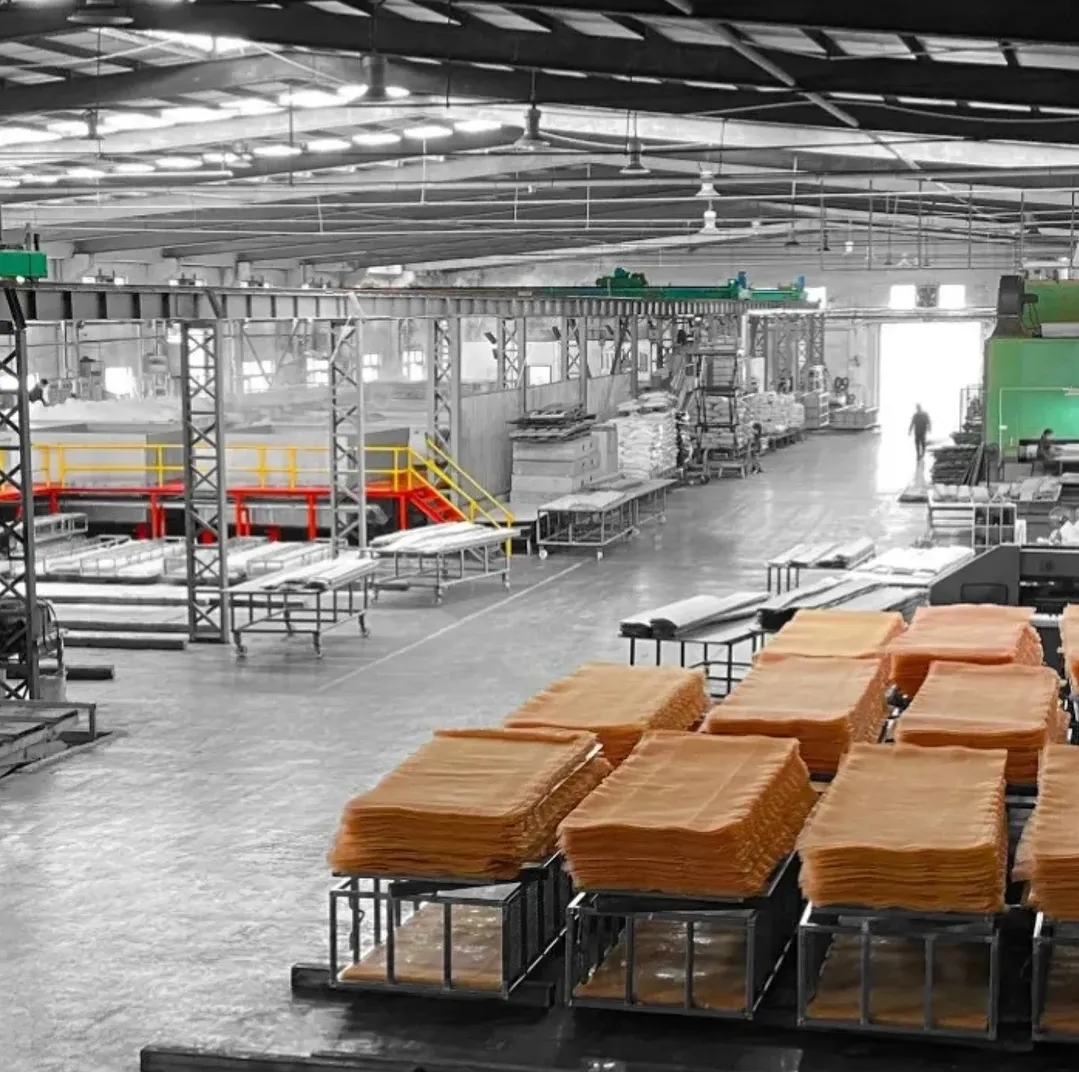 Stacks of veneer sheets on a production floor