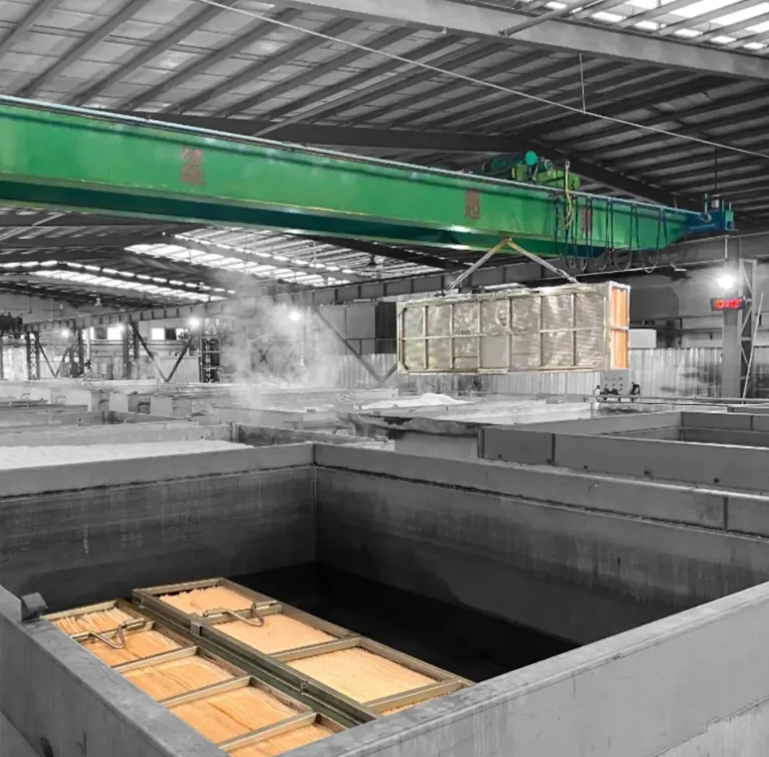 Veneer handling equipment above processing tanks